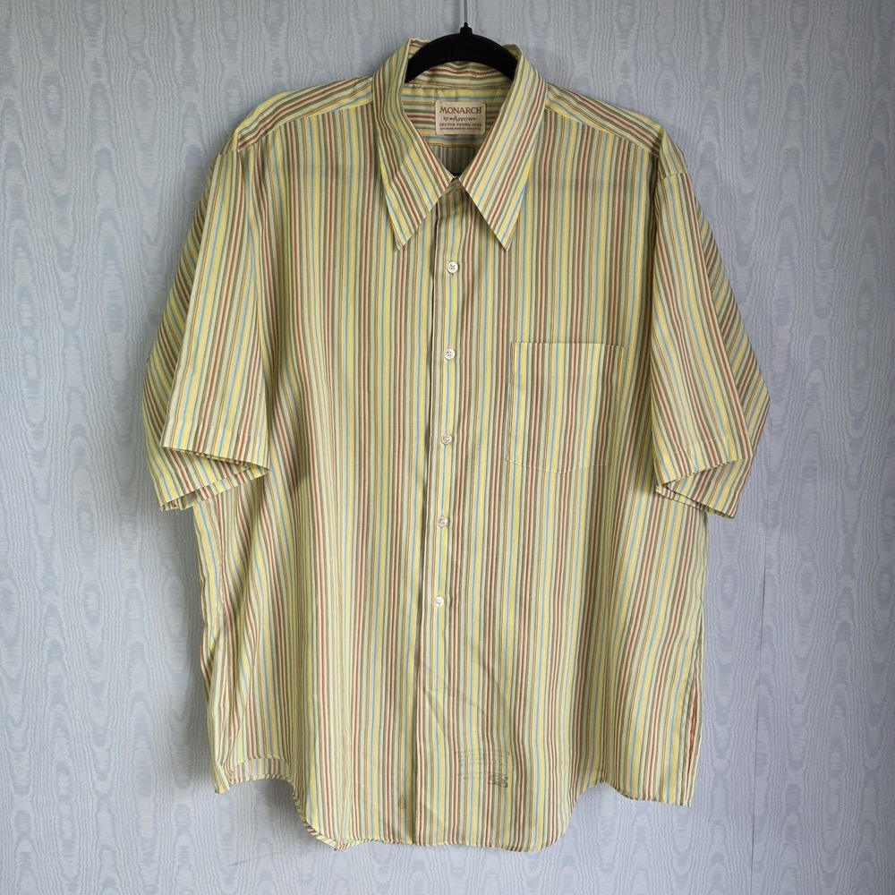Vtg 60s Mens 2X Monarch Arrow Short Sleeve Button Down‎ Retro Striped Yellow